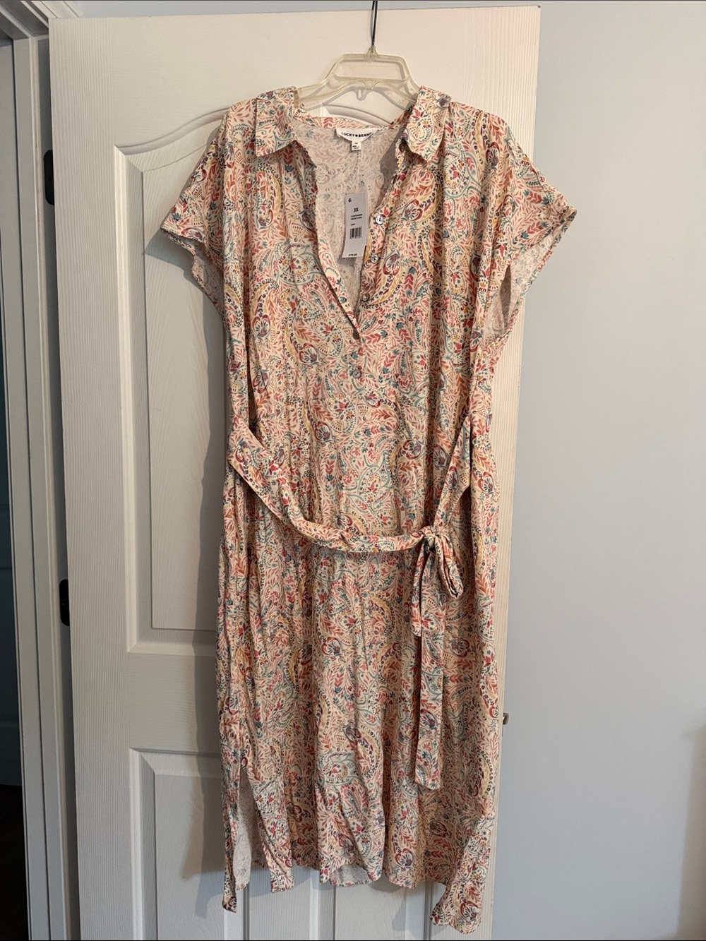 Lucky Brand Light Pink Paisley Midi Shirt Dress with Waist Tie